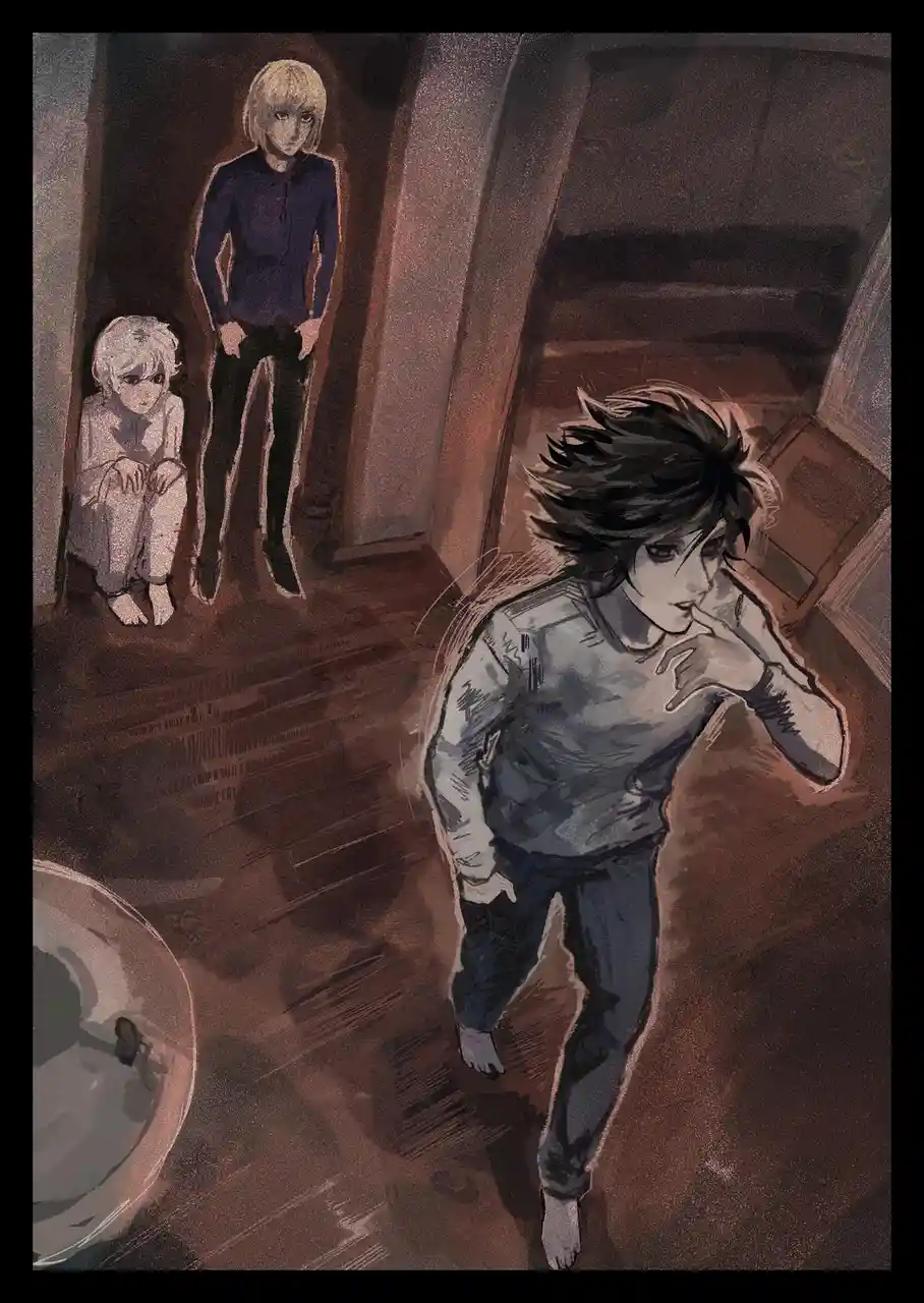 An anime-style illustration shows three characters in a dimly lit hallway. In the foreground, a dark-haired person walks…