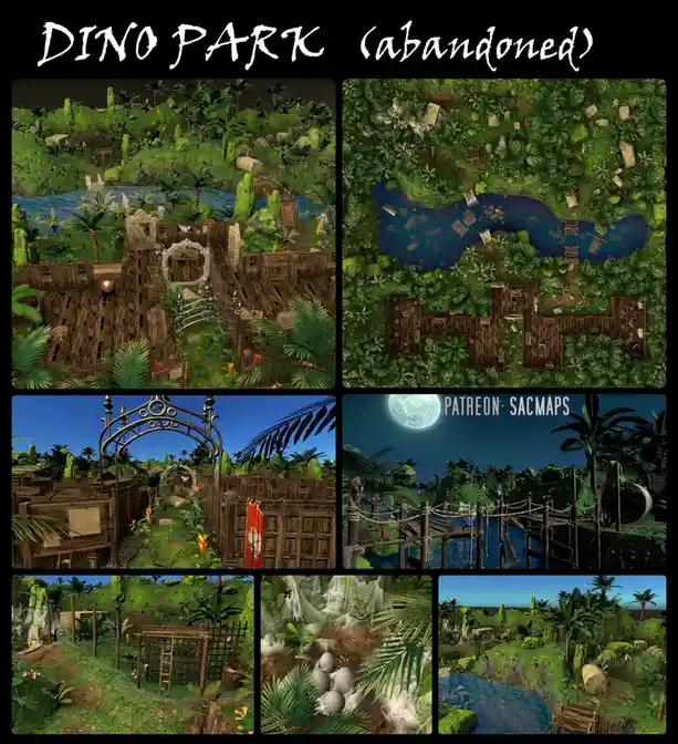 A collage of seven images showing a lush, overgrown, and abandoned virtual dinosaur park with wooden fences, pathways, and…
