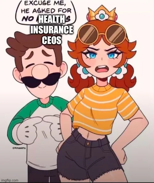 A cartoon image shows a man with a mustache and sunglasses pointing at a woman with a crown and sunglasses who is looking…