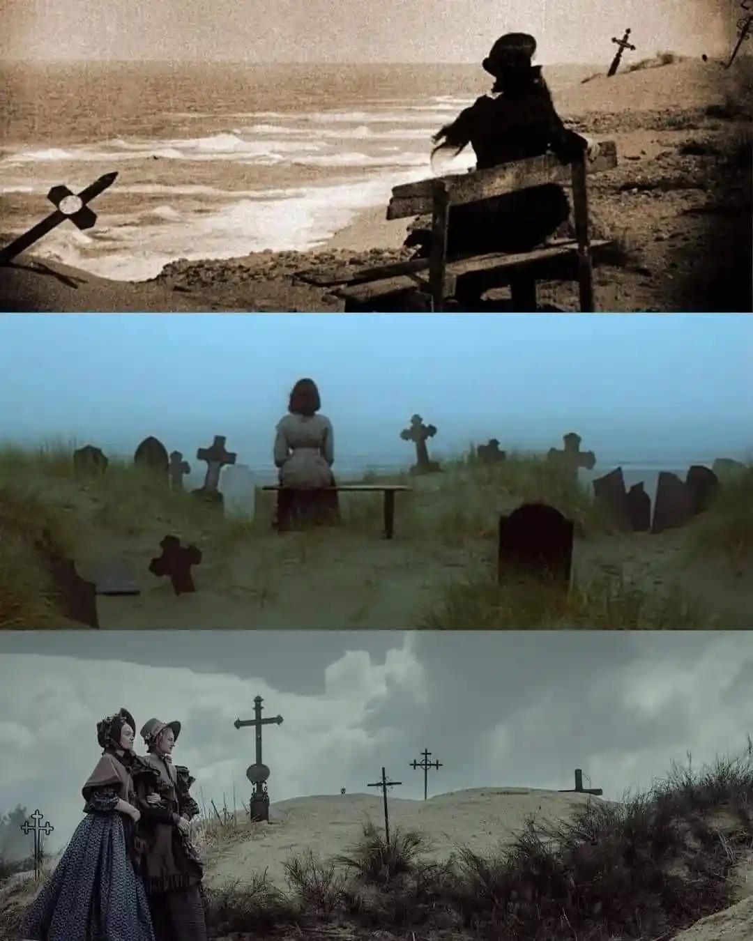 Three sepia-toned, melancholic scenes from a period drama show a lone figure on a beach with crosses, a woman sitting alone…