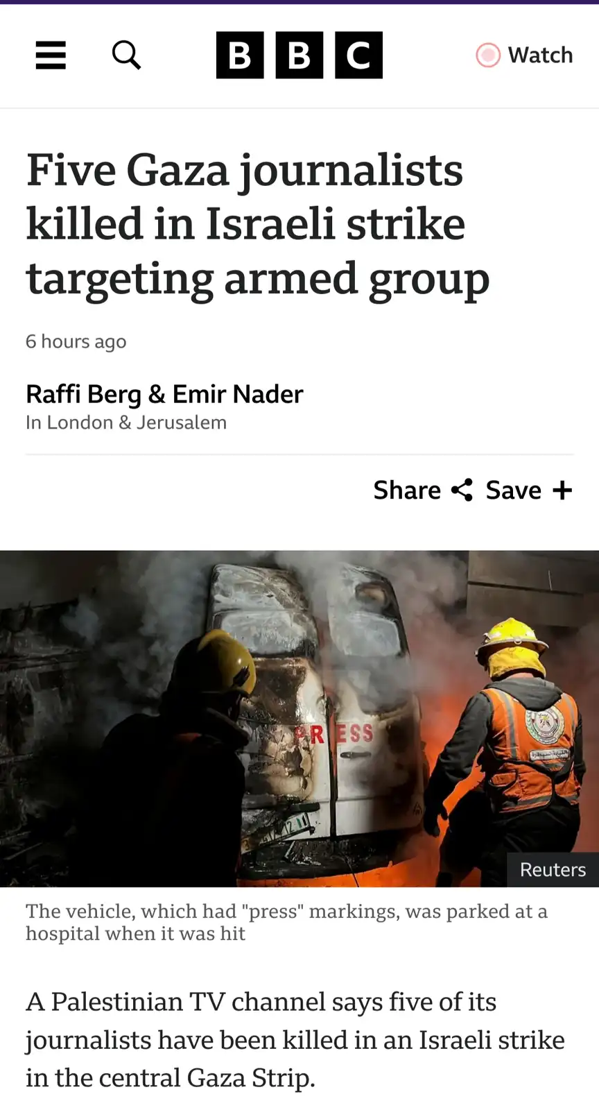 A BBC news article screenshot shows a burnt-out vehicle with 'PRESS' markings, surrounded by smoke, as two emergency…