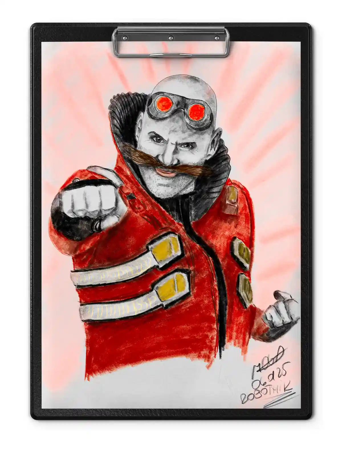 A drawing of a bald man with a thick mustache and glowing orange goggles, wearing a red jacket with yellow and silver…