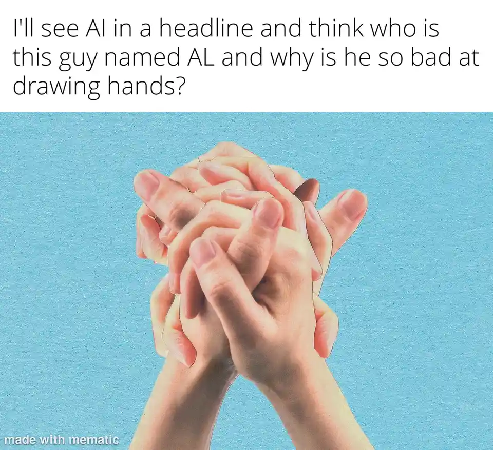 The image shows multiple hands clasped together against a solid blue background. Overlaid text reads: 'I'll see AI in a…