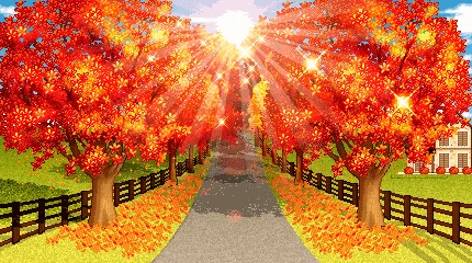The image shows a repeating, pixelated autumn scene with vibrant red and orange trees lining a path, a wooden fence, and a…