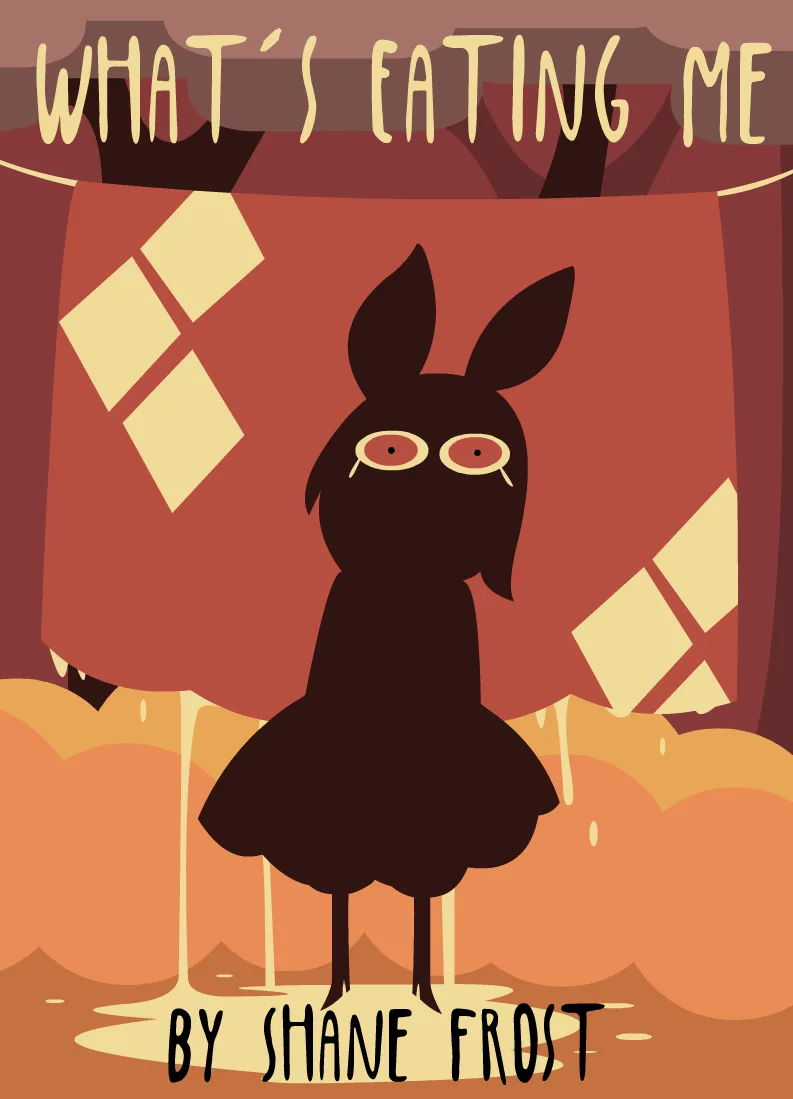A dark silhouette of a rabbit-like figure with large round eyes stands in front of a red garment that is being eaten from…
