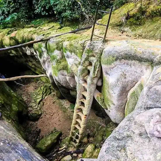 a natural rock formation with moss-covered stones forms a narrow gap, where a ladder-like structure made of intertwined tree…