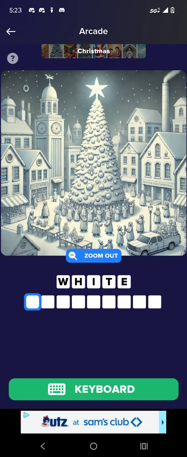 A Christmas-themed puzzle game screen shows a snowy town square with a large decorated tree, people in period clothing, and…