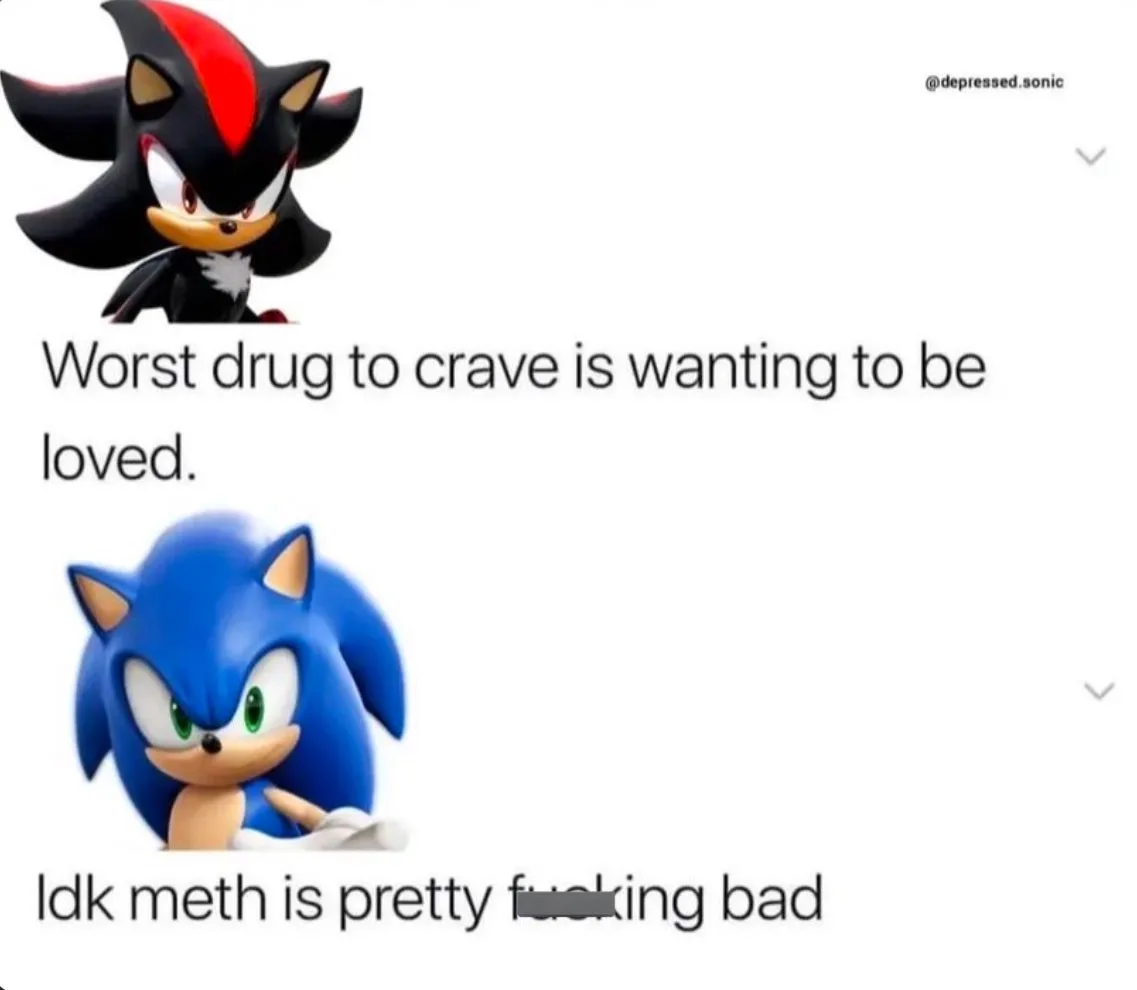 The image shows two characters from the Sonic the Hedgehog franchise: Shadow the Hedgehog at the top with a somber…