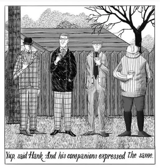 A black-and-white cartoon depicts four men standing in a line outdoors near a wooden fence, each holding a cup and looking…