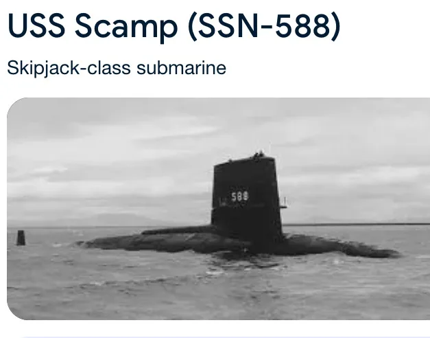 A black and white photo shows the USS Scamp (SSN-588), a Skipjack-class submarine, partially surfaced in the ocean with its…