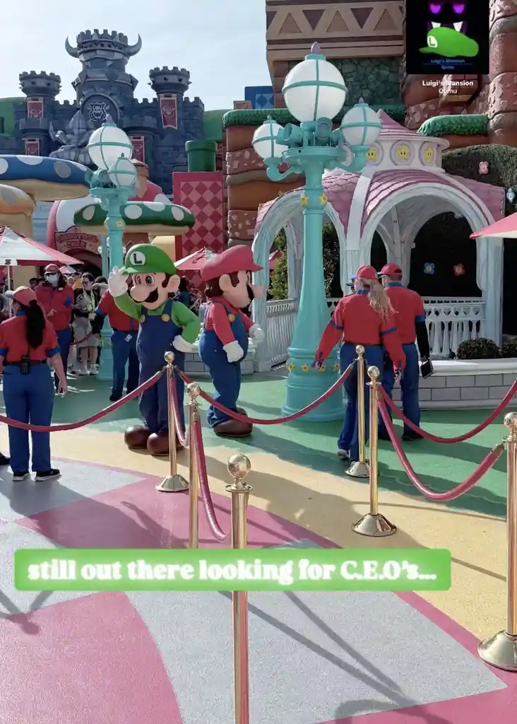 Two life-sized Mario and Luigi costumed characters stand behind red ropes at a theme park, with castle and mushroom-themed…