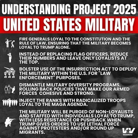 A black-and-white image of a man's face with overlaid text detailing a fictional 'Project 2025' plan for the U.S. military…