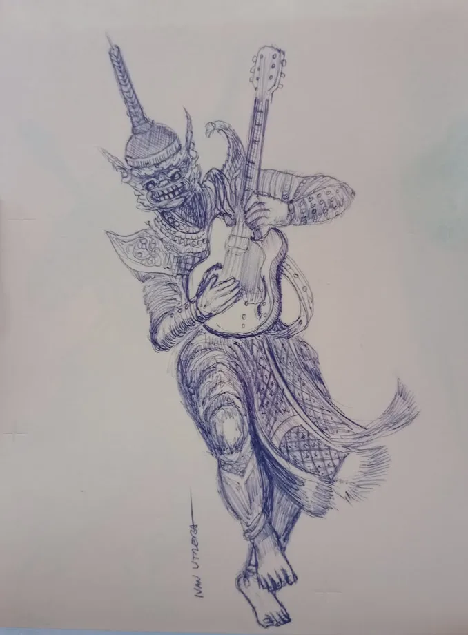 A detailed blue ink sketch depicts a demonic, armored figure with a horned helmet and fierce expression, holding an acoustic…