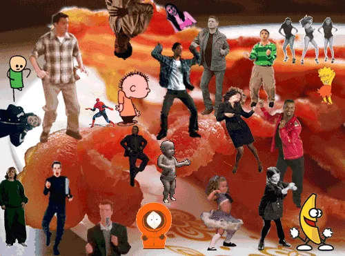 A composite image showing a sequence of three panels, each depicting numerous animated and live-action characters dancing on…