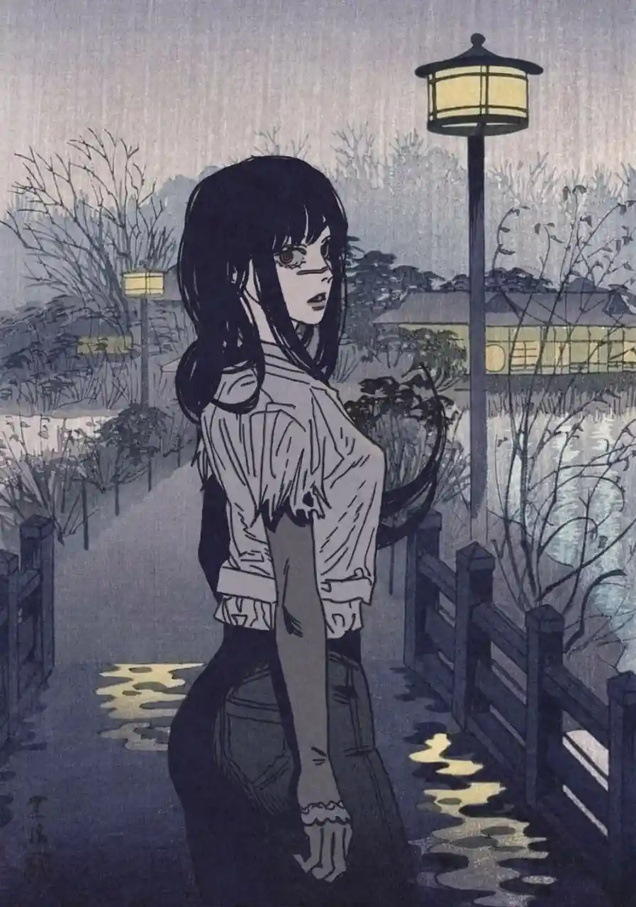 A stylized anime girl with long black hair and a pale face stands on a wet, moonlit path beside a wooden fence, looking over…
