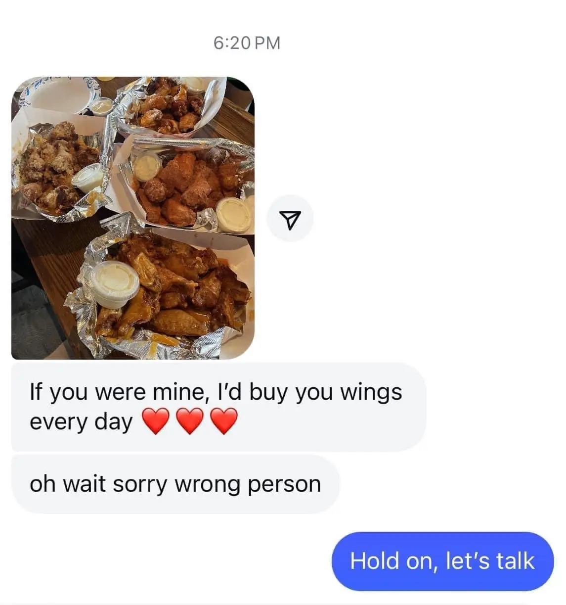 A screenshot of a text conversation shows a sender sending a photo of multiple trays of fried chicken wings with the message…