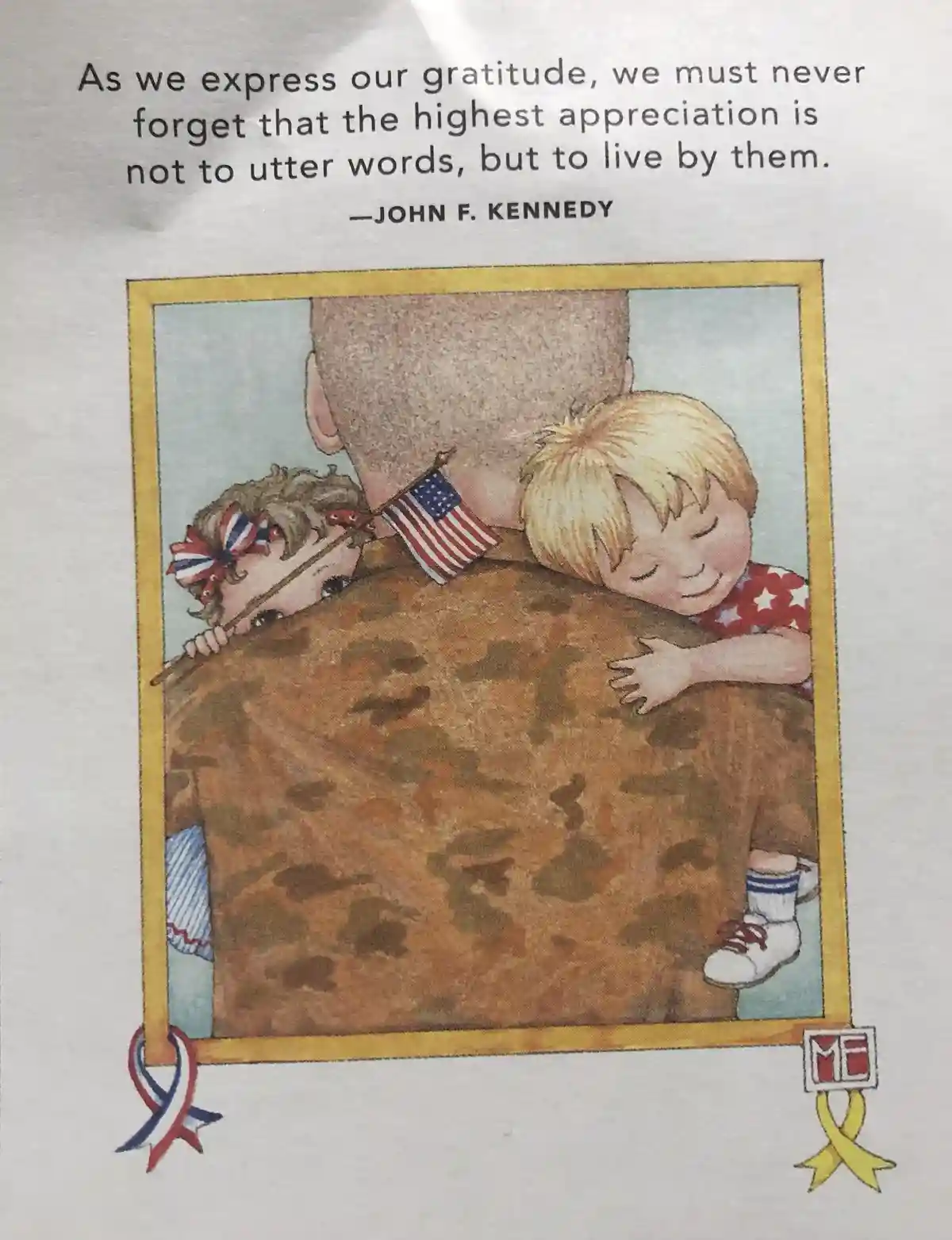 A sentimental illustration shows two children affectionately hugging a soldier in camouflage uniform from behind. One child…