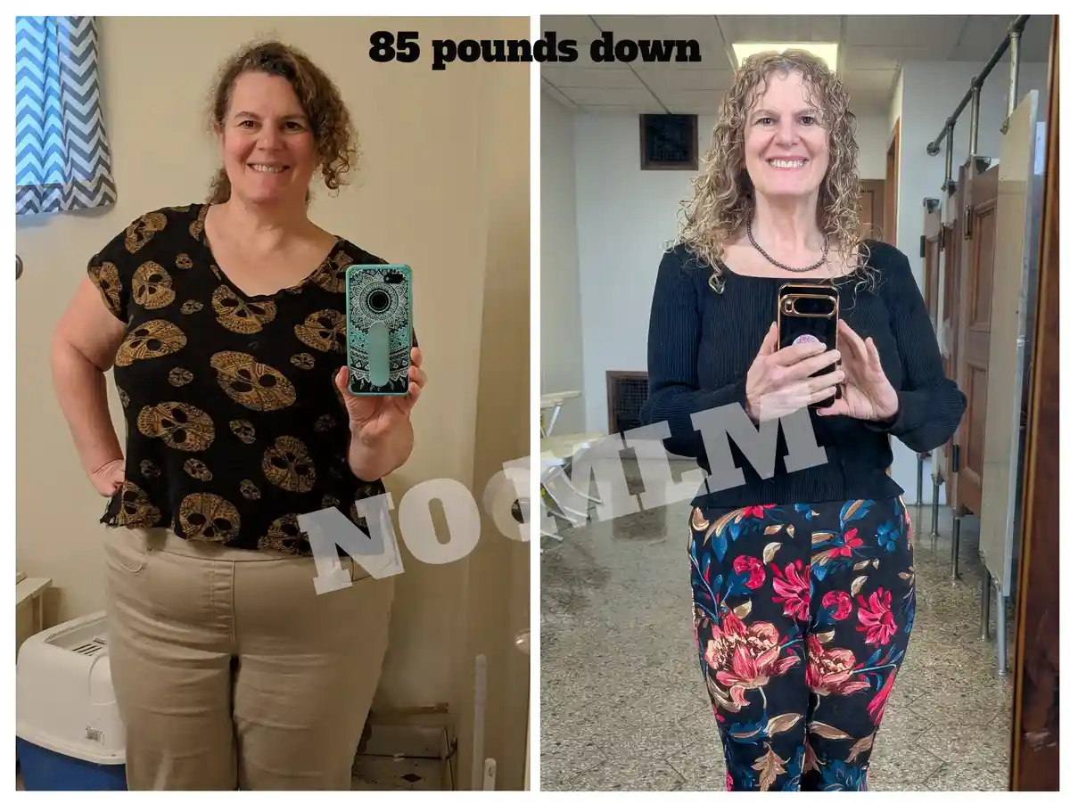 A side-by-side comparison shows a woman in two different photos: on the left, she wears a black skull-patterned top and…