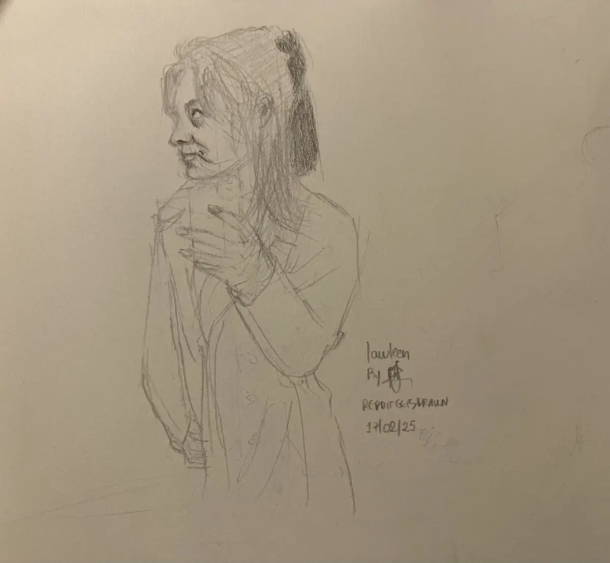 A pencil sketch of a woman in profile, smiling and holding her hand to her chest. The drawing is signed 'lawleen by…