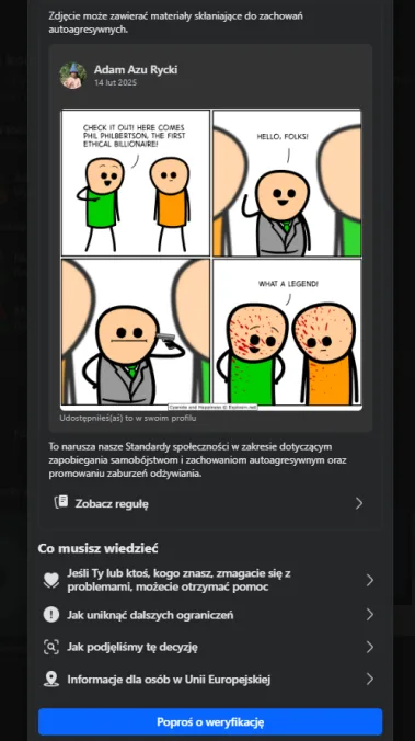 A four-panel comic strip shows two men in orange shirts reacting to a man in a grey suit. The first panel says 'CHECK IT…