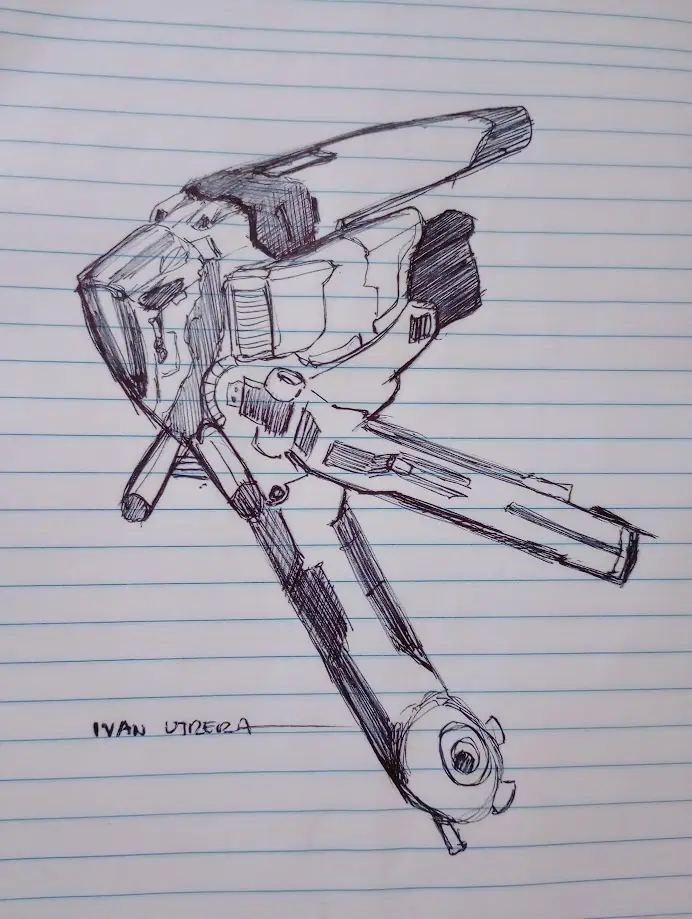 A hand-drawn sketch of a futuristic, angular robot or mech on lined notebook paper, signed 'ivan utrera' in the bottom left…