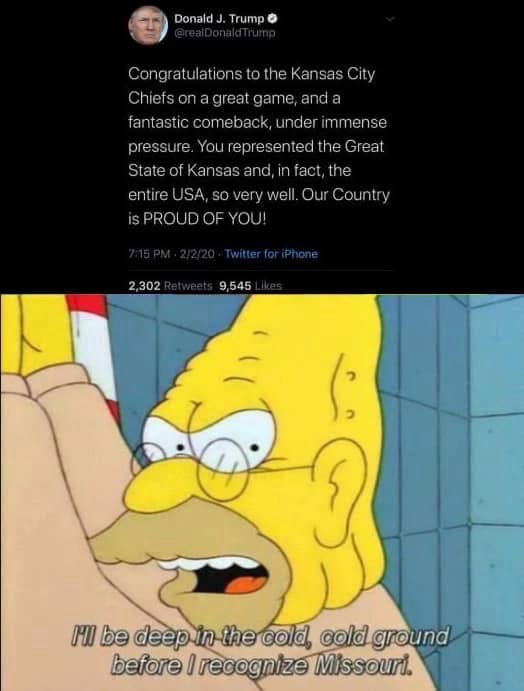 A screenshot of a 2020 tweet from Donald J. Trump praising the Kansas City Chiefs is overlaid on an image of the animated…