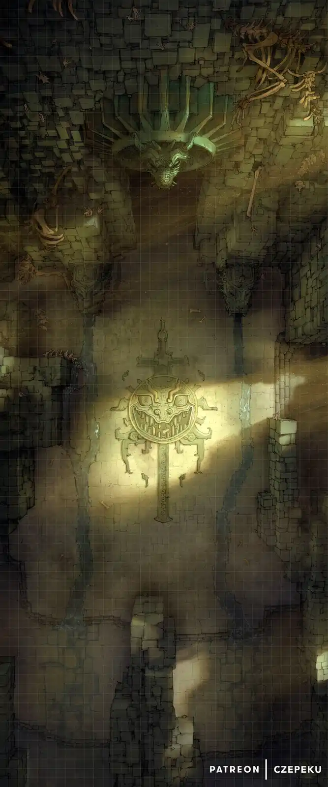 A top-down view of a dark, ancient dungeon with crumbling stone walls, scattered bones, and ominous carved symbols. A…
