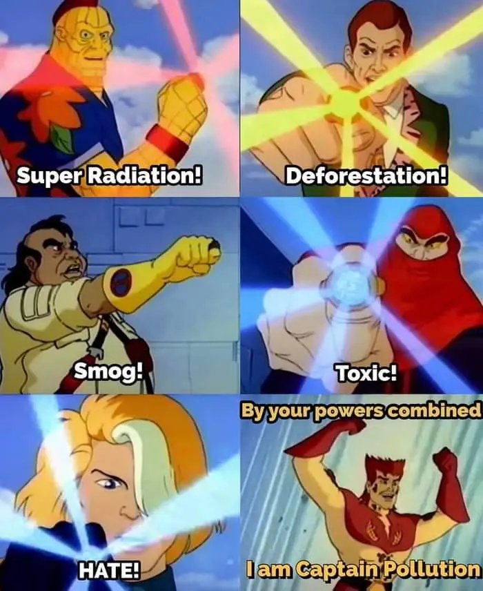 A six-panel comic strip from the animated series 'Captain Planet and the Planeteers' shows five heroes each firing a beam of…