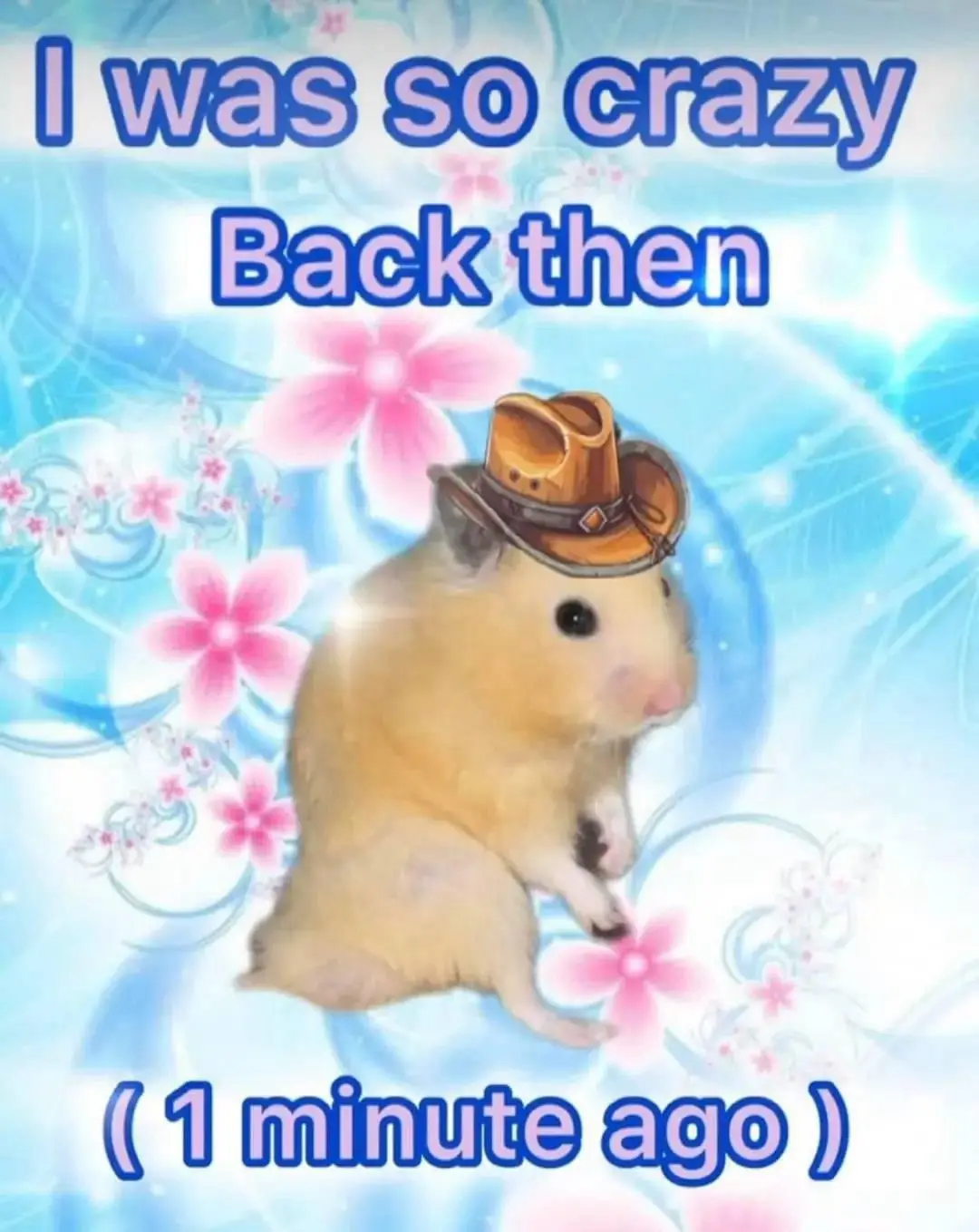A light brown hamster wearing a small cowboy hat is centered against a bright blue, sparkly background with pink flowers…