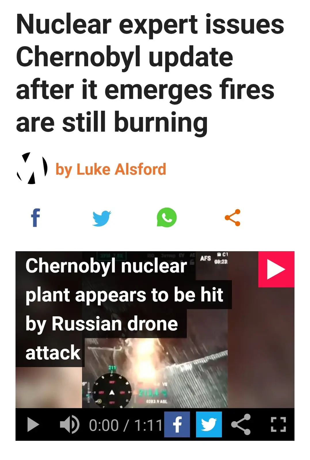 The image shows a screenshot of a news article header with the headline 'Nuclear expert issues Chernobyl update after it…