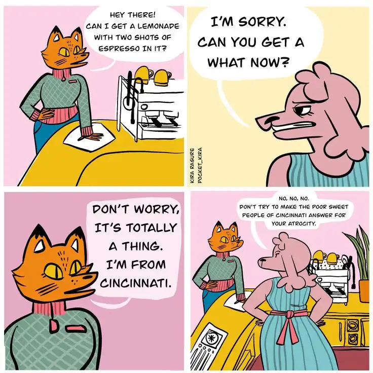A four-panel comic strip featuring anthropomorphic cats and a dog at a coffee shop. In the first panel, a cat asks for a…