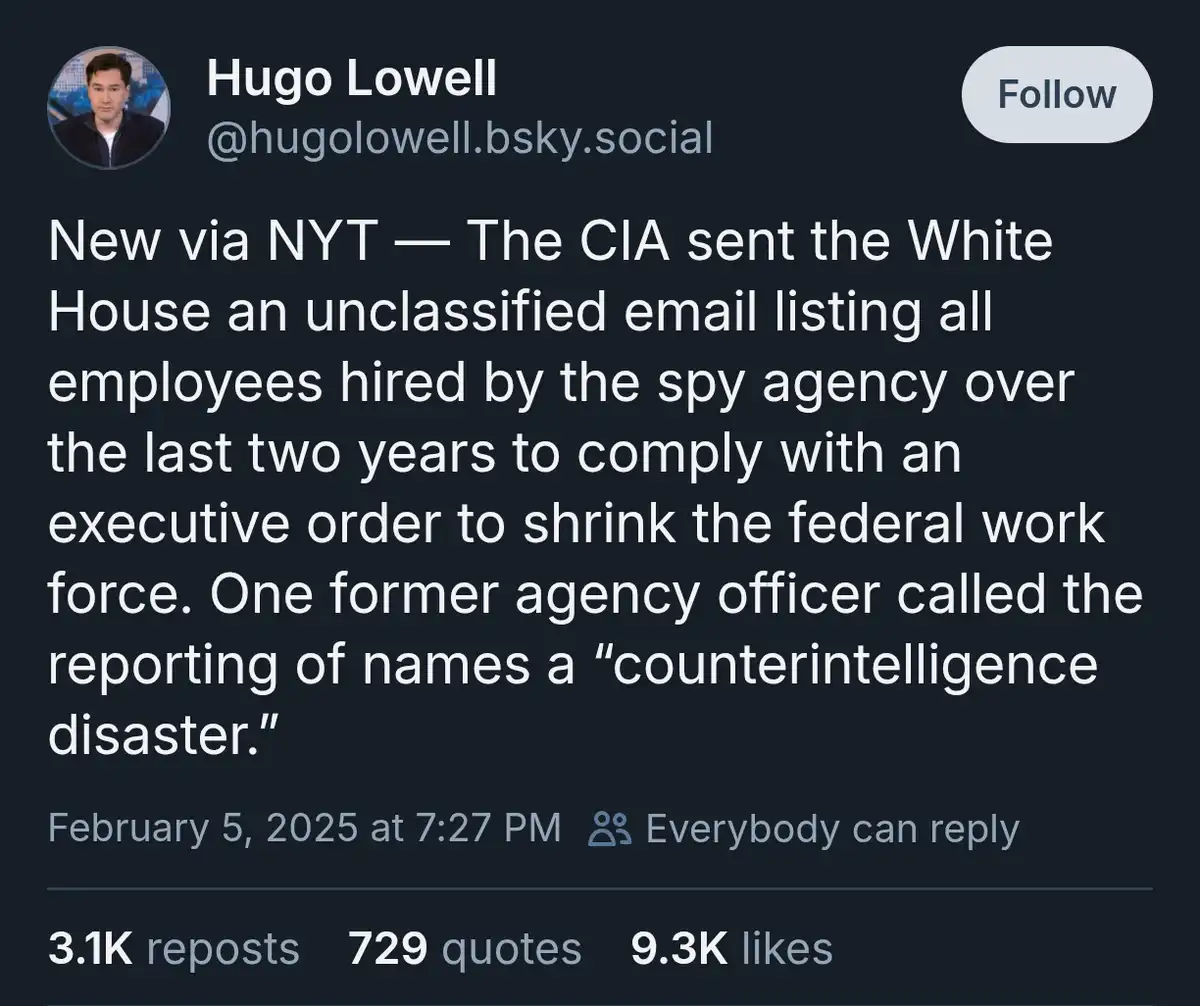 A screenshot of a social media post by Hugo Lowell, displaying a news update about the CIA sending an unclassified email to…