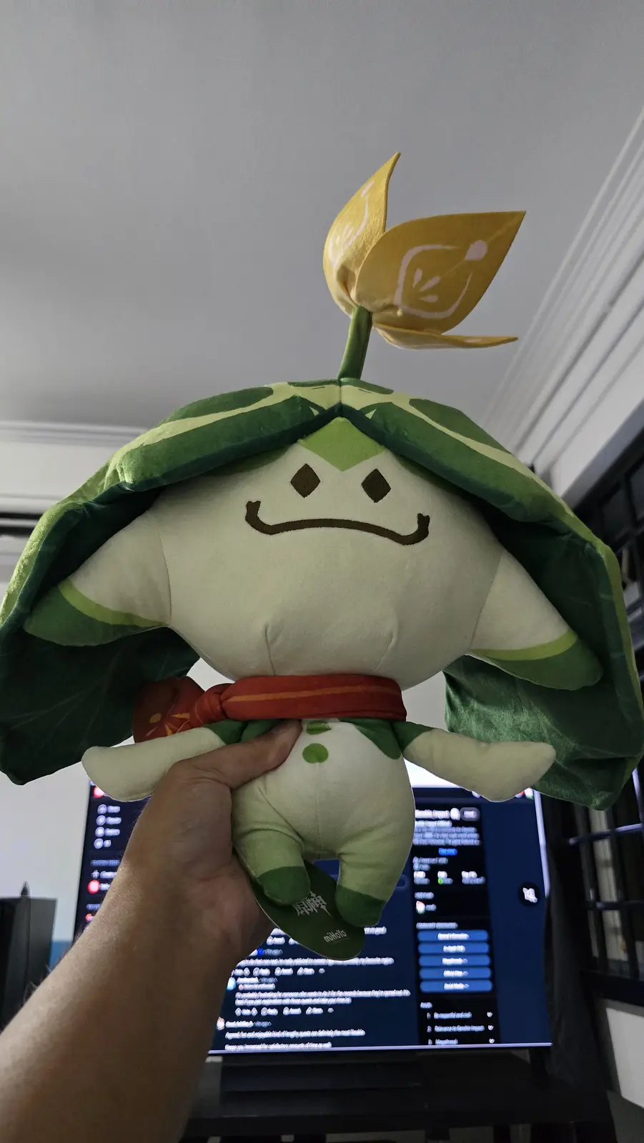 A person holds up a plush toy of Mikoto from Genshin Impact, which has a large green leafy hood and a yellow flower on top…