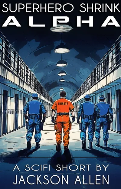 An illustrated sci-fi poster depicts a man in an orange prison jumpsuit with 'INMATE' on his back, walking down a long…
