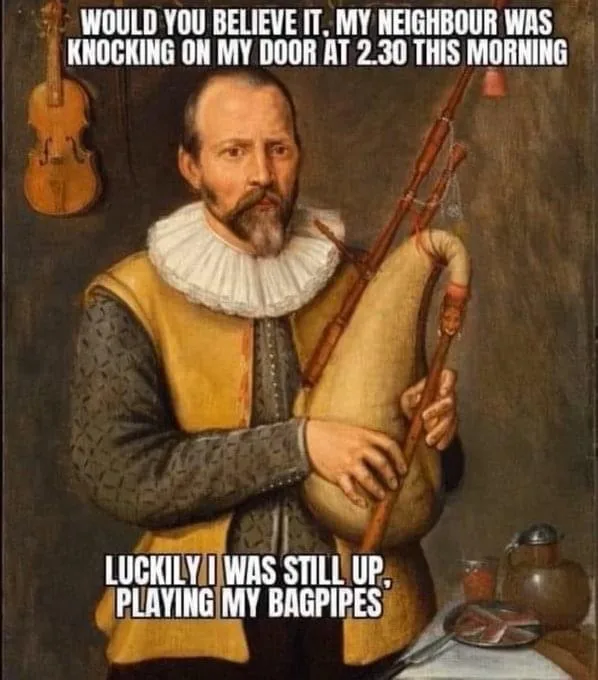 A classical painting depicts a man in Renaissance attire holding a bagpipe, with a violin hanging on the wall behind him…
