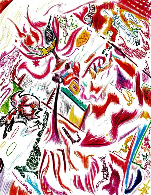 A chaotic, colorful abstract drawing filled with scribbles, overlapping shapes, and distorted figures in red, pink, green…