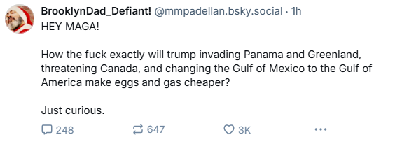 A screenshot of a tweet from user BrooklynDad_Defiant! showing a sarcastic question asking how Trump's fictional actions…