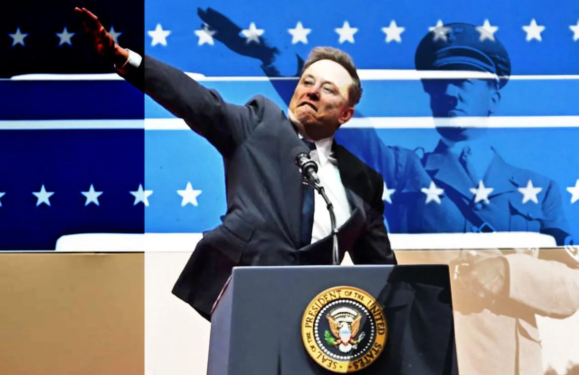 A man in a dark suit stands at a podium bearing the Seal of the President of the United States, raising his right arm in a…