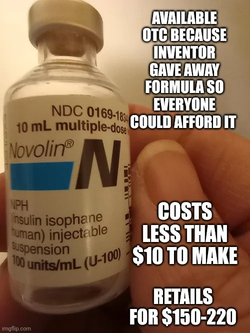 A close-up photo of a hand holding a vial labeled 'Novolin N' insulin, with bold white text overlaid stating that the…
