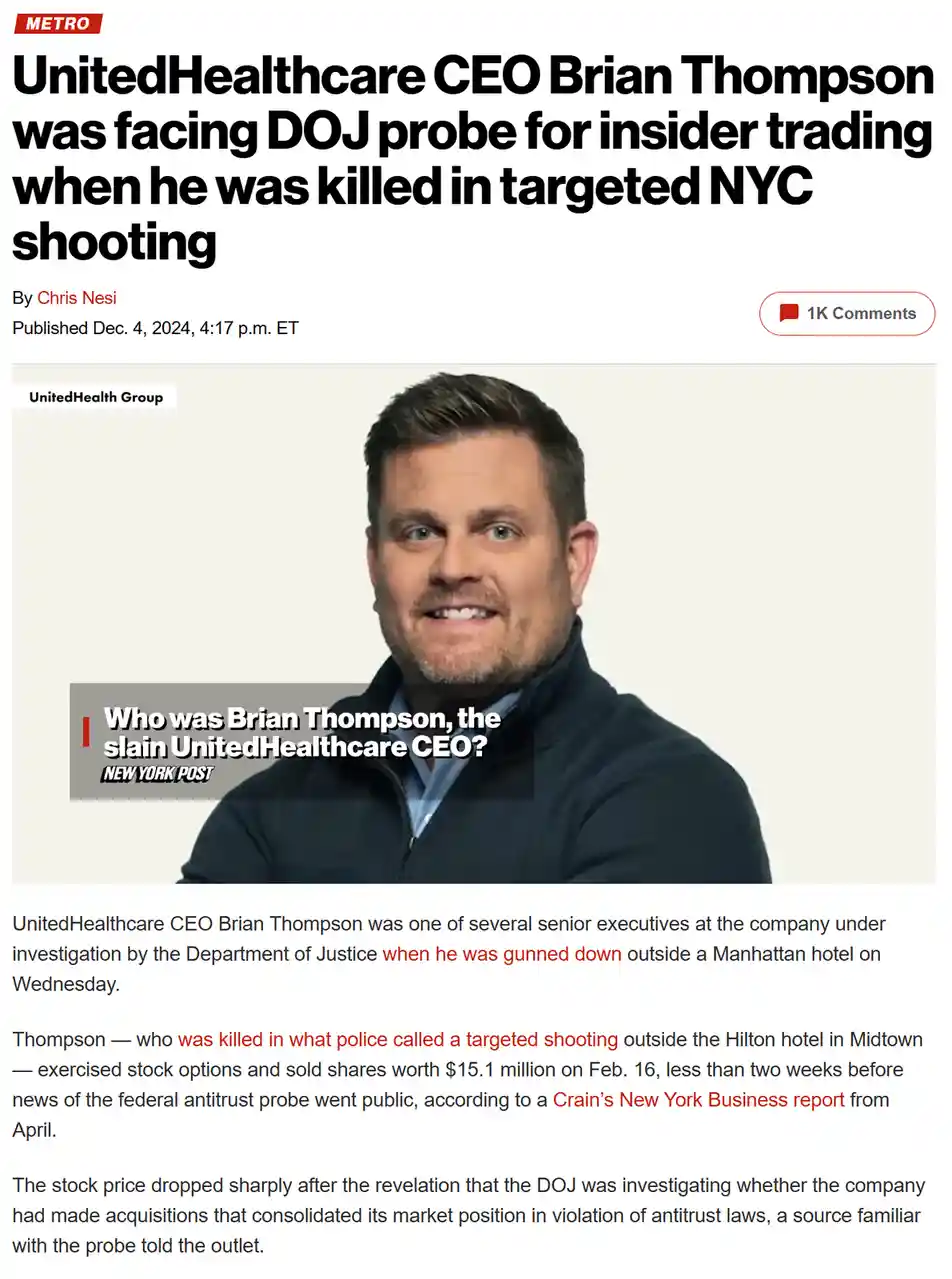A screenshot of a Metro news article about UnitedHealthcare CEO Brian Thompson, who was killed in a targeted NYC shooting…