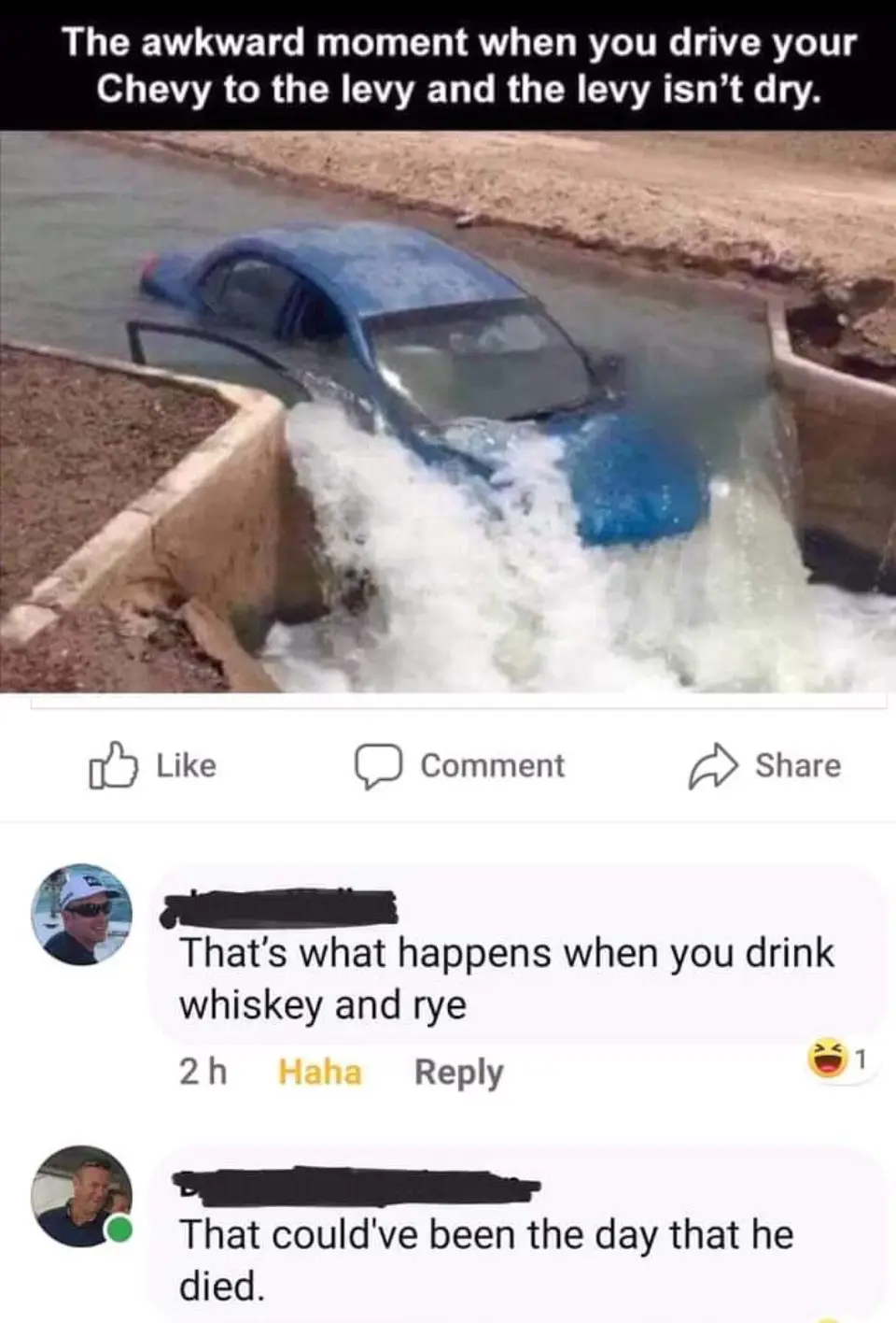 A blue car is partially submerged in rushing water at a concrete levee, creating a large splash. The image is framed as a…