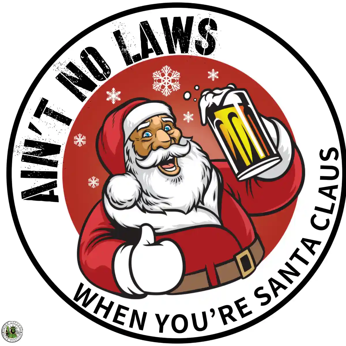 A cartoon Santa Claus in a red suit with white trim and a brown belt, holding a large beer mug with foam, giving a…