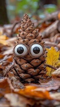 A pinecone in a forest setting, surrounded by fallen autumn leaves, has been humorously modified with two large, round…
