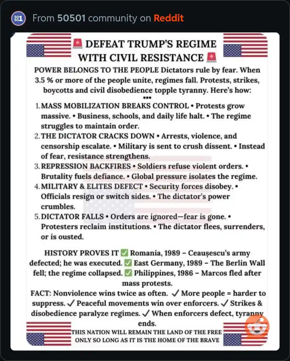 A white document with bold black text titled 'DEFEAT TRUMP'S REGIME WITH CIVIL RESISTANCE', flanked by American flags…