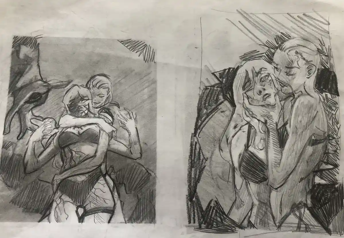 Two pencil sketches side-by-side show a couple embracing. The left panel depicts a tender, smiling embrace. The right panel…