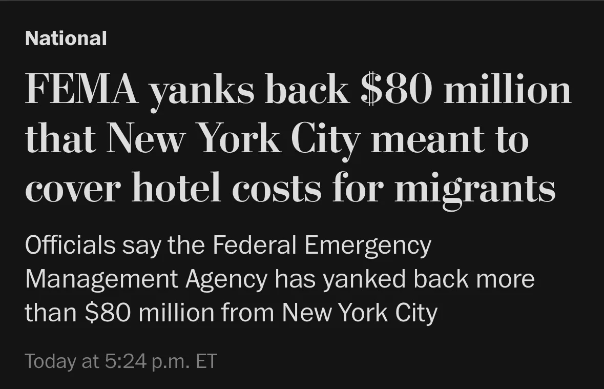 A screenshot of a news article with a black background and white text. The headline reads 'FEMA yanks back $80 million that…