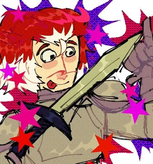 An anime-style character with red hair and wide eyes is shown holding a sword that is impaled through their chest. The…