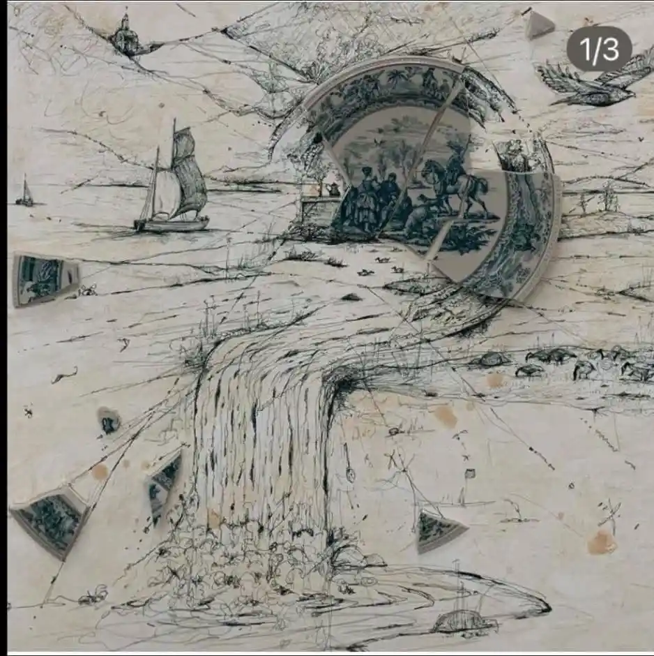 A surreal, chaotic drawing depicts a large broken blue-and-white porcelain plate with a pastoral scene, falling apart into…