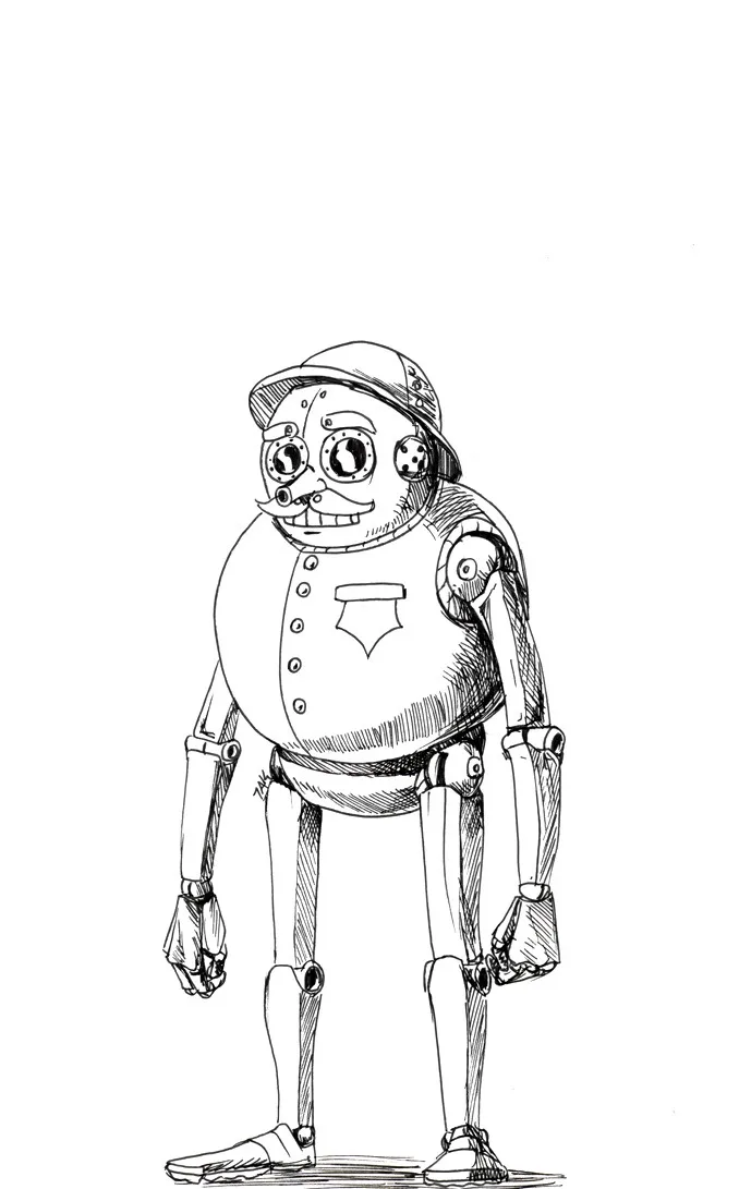 A black-and-white line drawing of a cartoonish robot with a mustache, wearing a cap and a button-up shirt, standing upright…