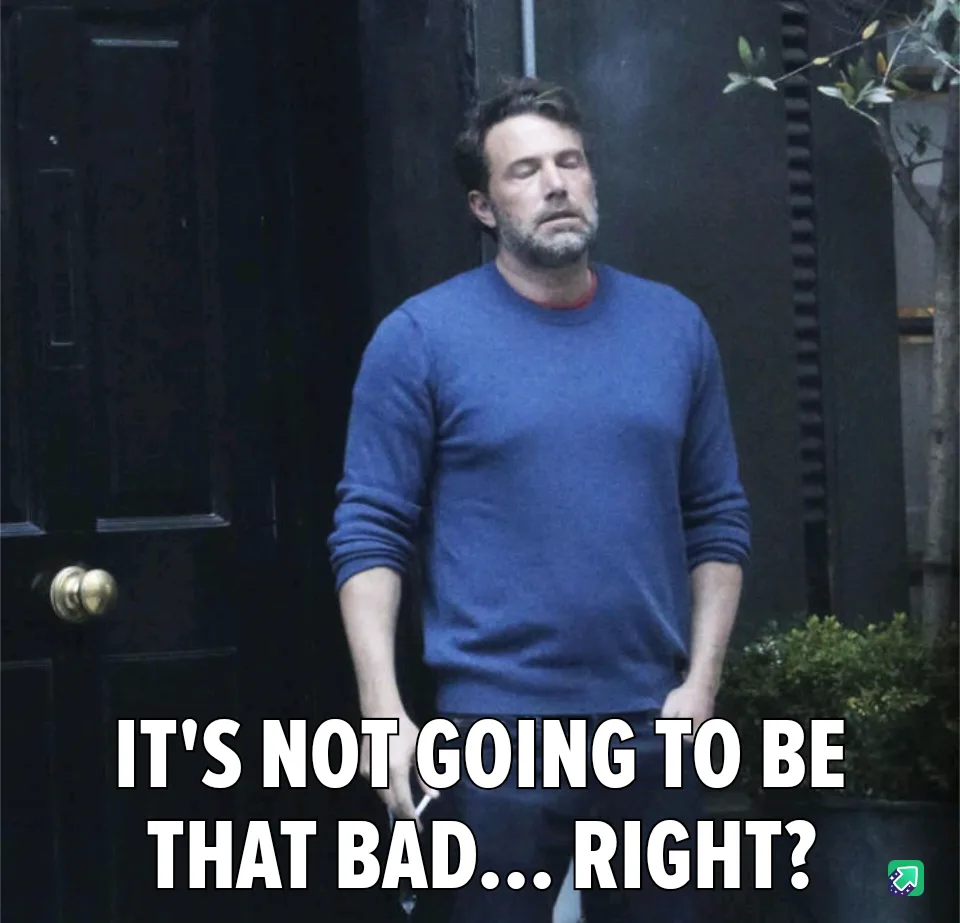 A man with a weary, resigned expression stands in front of a dark door, wearing a blue sweater. The overlaid text reads…
